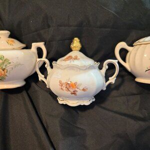Vintage Set of Three Victorian Style Porcelain Floral Sugar Bowls